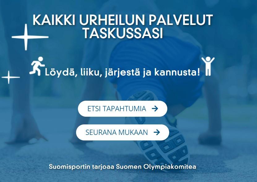 Kuvakaappaus Suomisportin pääsivulta.Otsikko ylhäällä: "Kaikki urheilun palvelut taskussasi"