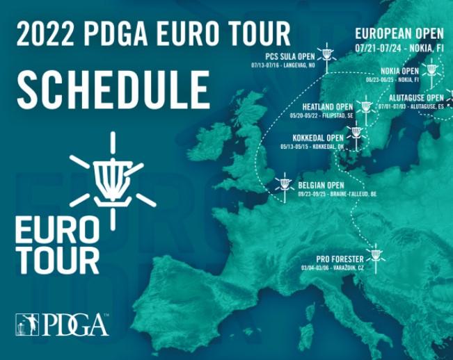Kartta Euroopasta, johon on merkitty EuroTour 2022 kilpailujen sijainti.