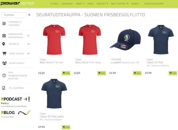Kuva SFL:n seuratuotekaupasta. Kuvassa neljä t-paitaa ja lippis sekä tuotteiden nimet ja hinnat.