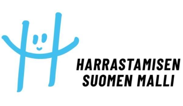 Sininen H-kirjain, jolla on silmät ja suu sekä teksti: Harrastamisen Suomen malli