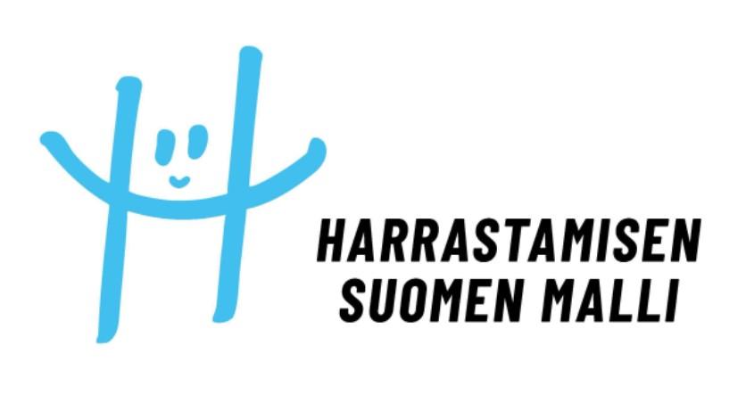 Sininen H-kirjain, jolla on silmät ja suu sekä teksti: Harrastamisen Suomen malli