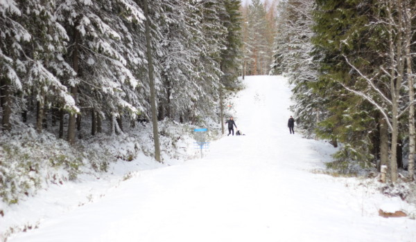 Luminen metsämaisema, jonka keskellä väylä ja sininen kori, taustalla pari henkilöä kaukana seisomassa